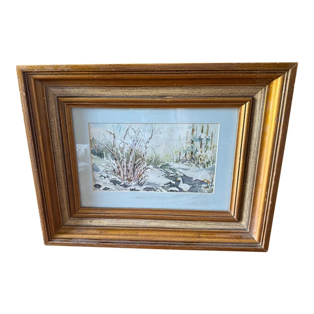 Original Vintage Watercolor Creek in Winter With a White Goose by Db Billingsley For Sale