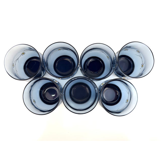 Vintage Organic Modern Blue Glass Floral Tumblers Hand Painted Cocktail Glasses - Set of 8 For Sale - Image 4 of 11