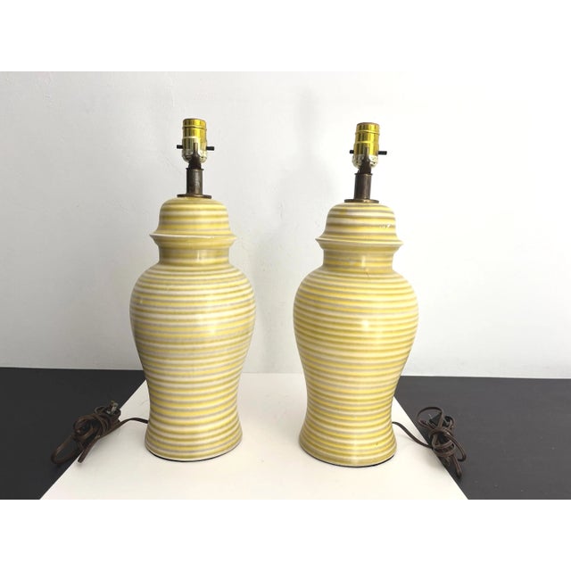 Midcentury Striped Ceramic Ginger Jar Lamps & Shades - a Pair For Sale - Image 13 of 18