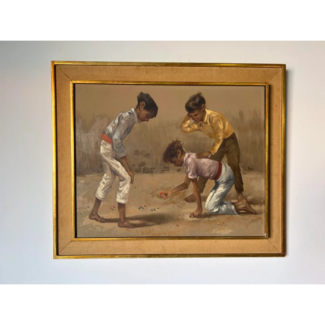 Impressionist 1960's Menoolla Children Playing Marbles Oil on Canvas Painting For Sale - Image 3 of 11