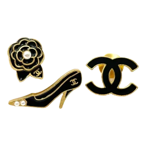 Chanel Vintage Gold Plated Black CC Heel Camellia Pins - 3 Pieces