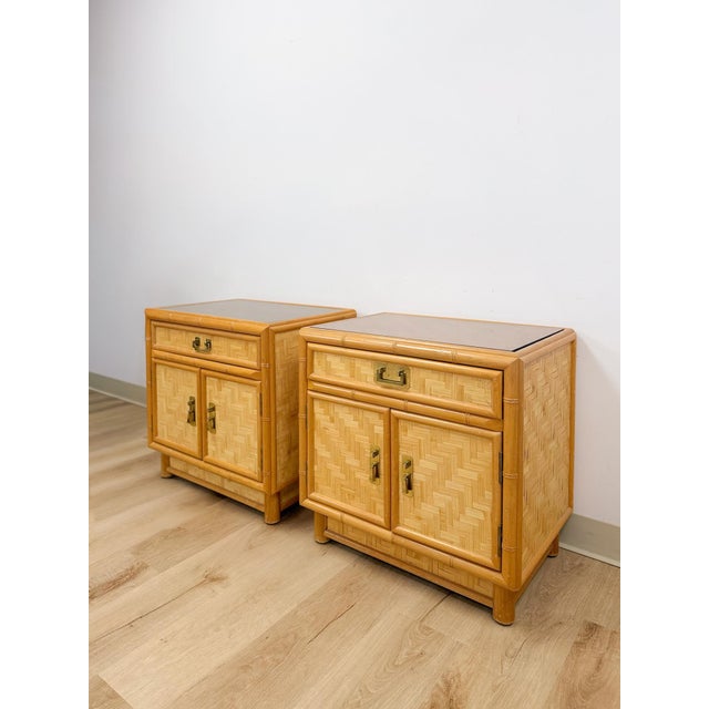 Mid 20th Century Mid 20th Century Coastal Bamboo Parquet Nightstand Pair Glass Top Hollywood Regency For Sale - Image 5 of 13