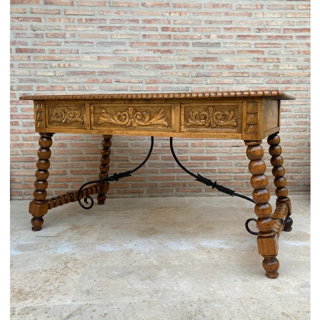 19th-Century French Hand Carved Oak Desk with Iron Stretcher & Solomonic Legs For Sale - Image 17 of 18