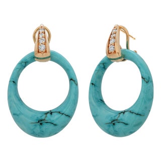 14k Yellow Gold Turquoise & Black Onyx Door Knocker Diamond Earrings, A Pair For Sale