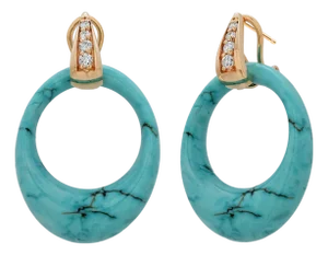 14k Yellow Gold Turquoise & Black Onyx Door Knocker Diamond Earrings, A Pair