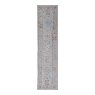 Hand Knotted Modern Oushak With Coral and Blue Motifs on Light Gray Background For Sale