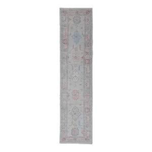 Hand Knotted Modern Oushak With Coral and Blue Motifs on Light Gray Background