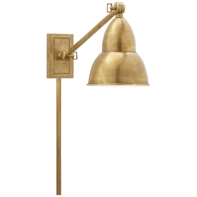 French Library Single Arm Wall Lamp in Hand-Rubbed Antique Brass Height: 7.5" - 19" Extension: 20" Backplate: 2.5" x 4.5"...