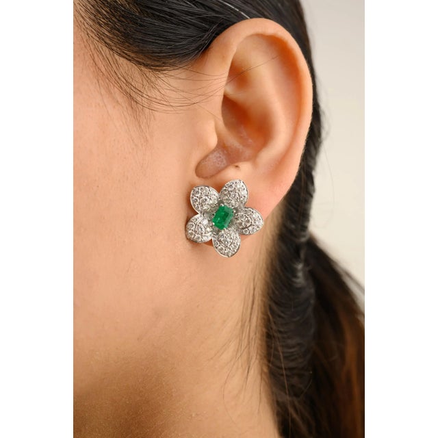 Emerald Encompassed With Diamonds Floral Stud Earrings in 14k White Gold- A Pair For Sale In New York - Image 6 of 11