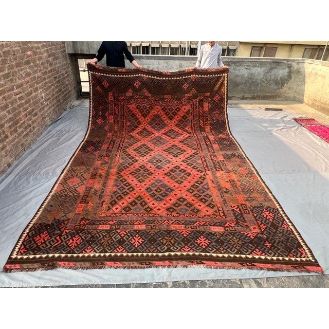 Red Vintage Afghan Hand-Woven Oversized Kilim Rug | Oriental Rare Palace-Size Tribal Wool Flatweave Rug For Sale - Image 8 of 13