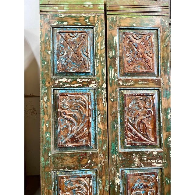 Spanish Carved Double Doors in Colorful Hues | Rustic Modern Statement Door 80x38.5 For Sale - Image 4 of 5