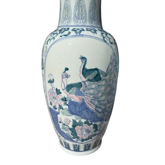 Holy Pretty Peacocks! Pair of 25” tall vintage vases in Chinoiserie style. These stunning floor vases are porcelain and...