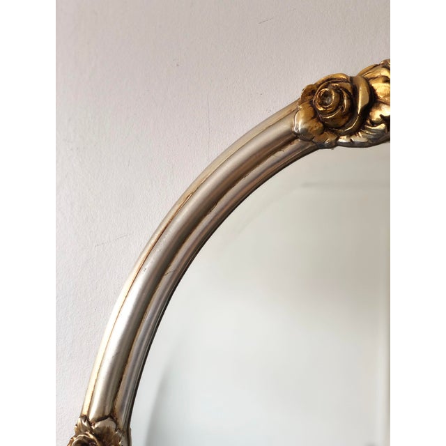 Wood Vintage Oval Silver Bevelled Mirror With Rose Accents For Sale - Image 7 of 10