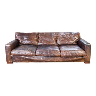 Restoration Hardware Distressed Leather Maxwell Luxe Three Seater Sofa For Sale