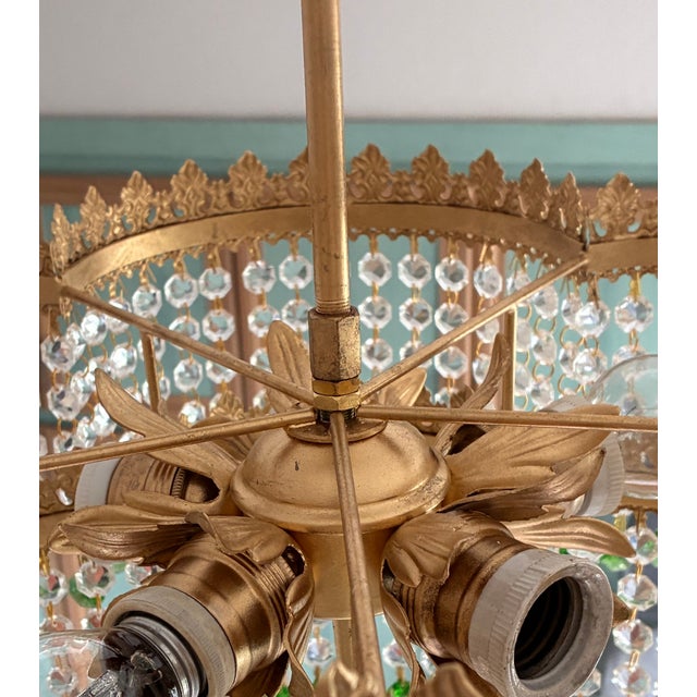 Art Nouveau Vintage Crystal Tiered Flush Mount Chandelier With Green Crystal Accents - Restored For Sale - Image 3 of 18