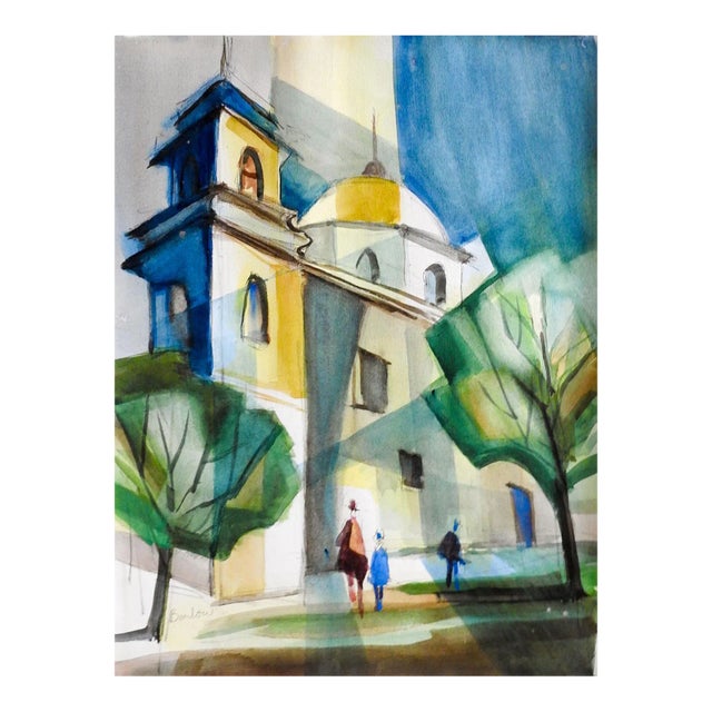Vintage Mid Century Mission San Jose San Antonio Texas Watercolor Painting For Sale