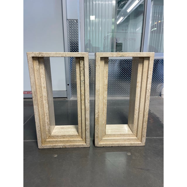 Architectural Travertine Pedestal Tables, a Pair, Italian Modern Style For Sale In Naples, FL - Image 6 of 12