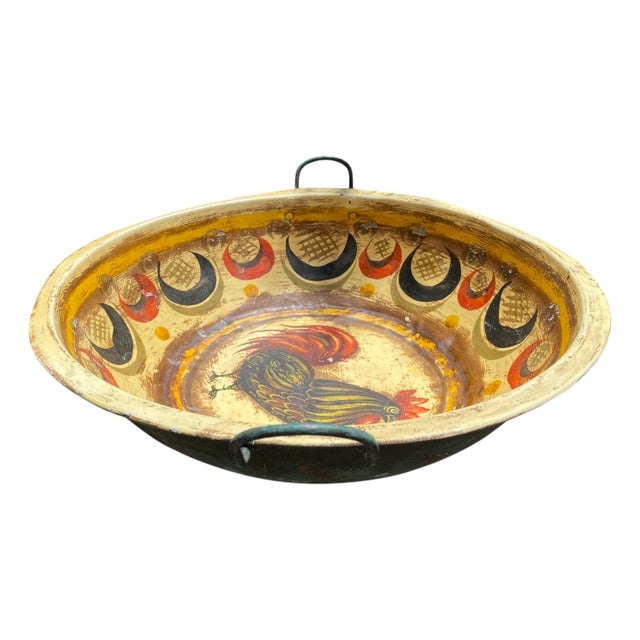 Mid 20th Century Peter Ompir Signed Tin Bowl Large 17" Rooster Folk Art Hand Painted Toleware For Sale - Image 5 of 6