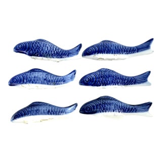 Vintage Blue and White Ceramic Fish Chopstick Rests- Set of 6 For Sale