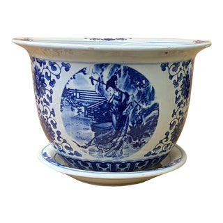 Chinese Finish Blue White Ladies Porcelain Round Pot Planter For Sale