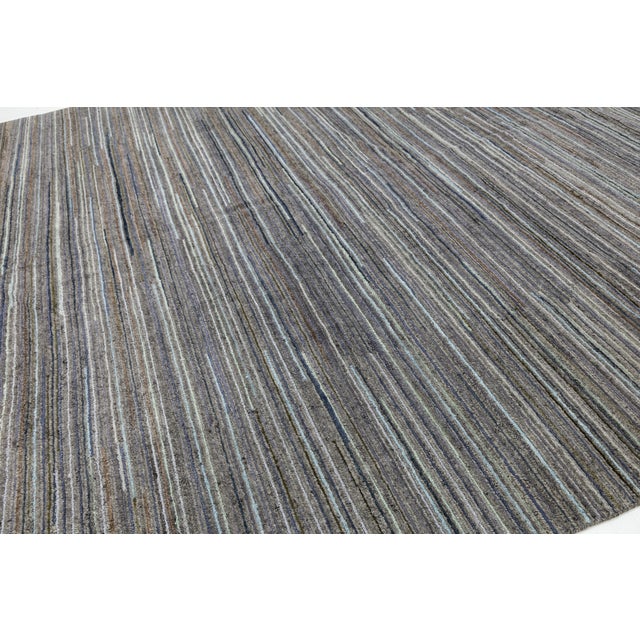 Textile Modern Hand-Knotted Indian Wool Area Rug – Earth Tone Linear Stripe Design 12x15 For Sale - Image 7 of 11