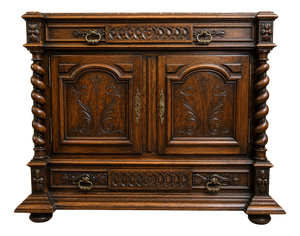 19th Century Carved Wooden Trouser Cabinet with Twisted Columns and Marble Top