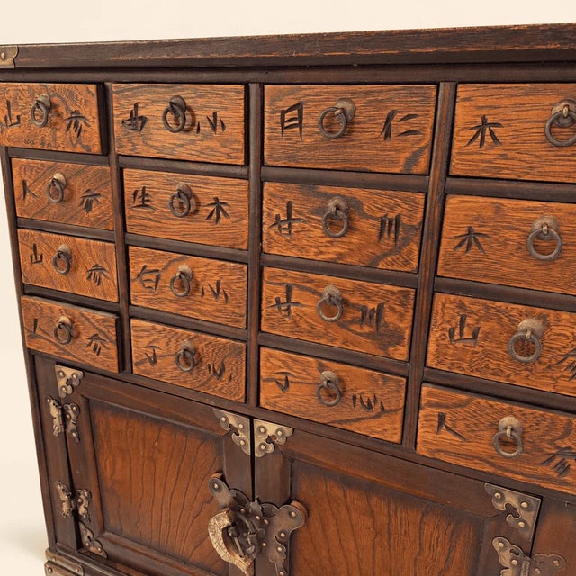 Asian Antique Vintage Korean Elm Medicine Chest, 16 Carved Drawers, Brass Fish Lock For Sale - Image 3 of 10
