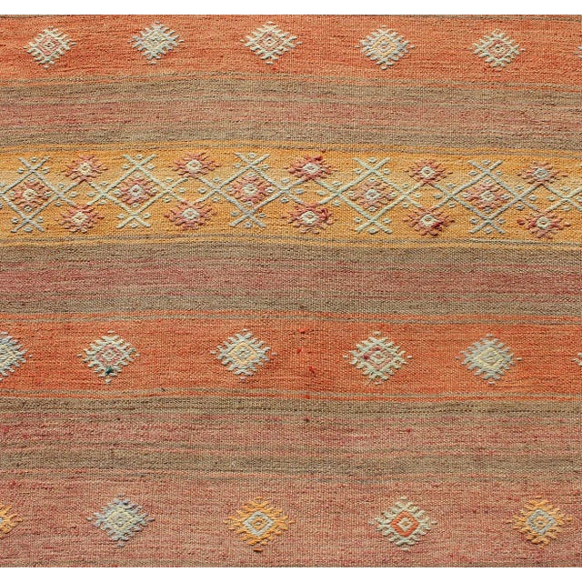 Orange Colorful Vintage Turkish Kilim Rug With Horizontal Stripes and Geometric Shapes For Sale - Image 8 of 12