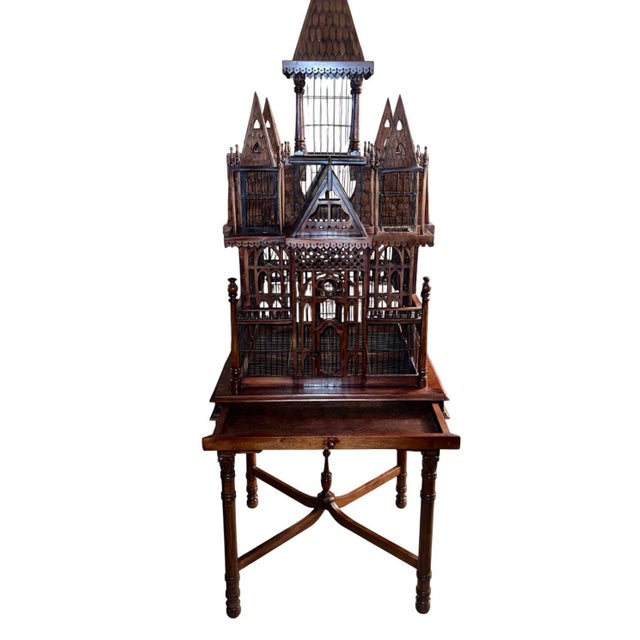 19th Century Monumental Victorian Gothic Revival Mahogany Bird Cage on Stand. England 19th C. For Sale - Image 5 of 12