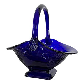 Late 20th Century Tiara by Indiana Glass Cobalt Blue Handled Basket, Large For Sale