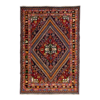 Vintage Handmade Shiraz Red Geometric Wool Rug 6'8" X 9'11" For Sale