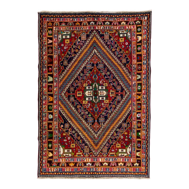Vintage Handmade Shiraz Red Geometric Wool Rug 6'8" X 9'11" For Sale