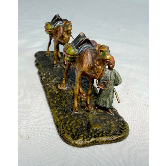 Antique 19th Century Mini Cold Painted Austrian Vienna Bronze Man 2 Camel Statue For Sale - Image 9 of 12