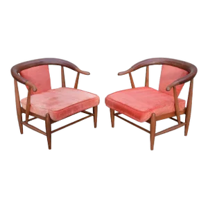 1950s Mid Century Horseshoe Lounge Chairs With Leather-Wrapped Arms - a Pair