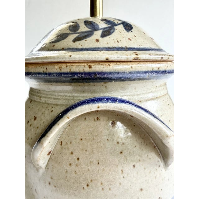 Ceramic Vintage 1988 Signed Pottery Crock Table Lamp, Cobalt Blue Leaves & Details With Ear Handles For Sale - Image 7 of 18