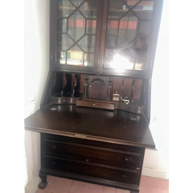 Wood Vintage Secretary Desk With Glass Hutch – Traditional Chippendale Style For Sale - Image 7 of 14