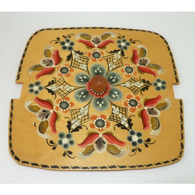 Scandinavian Rosemaling Folk Art Painted Wood Basket Handbag For Sale - Image 10 of 14