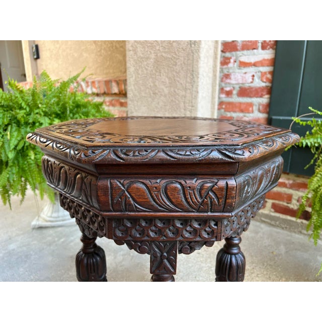 Brown Petite Antique French Octagon Center Side Table Side End Renaissance Carved Oak For Sale - Image 8 of 12