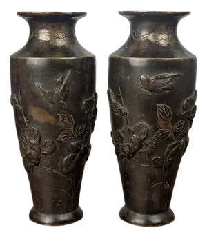 Meiji Japanese Bronze Vases with Bas-Relief of Birds, 1880, Set of 2