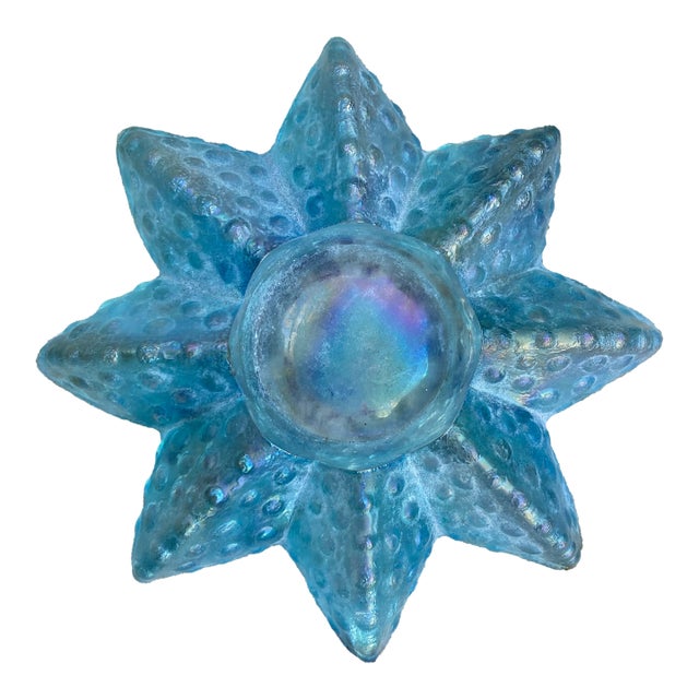 Blue Iridescent Mid Century Starfish Coastal Beachy Candle Holder, Carnival Glass Candle Vessel Textured Paperweight Inspired by Indiana Glass Company For Sale