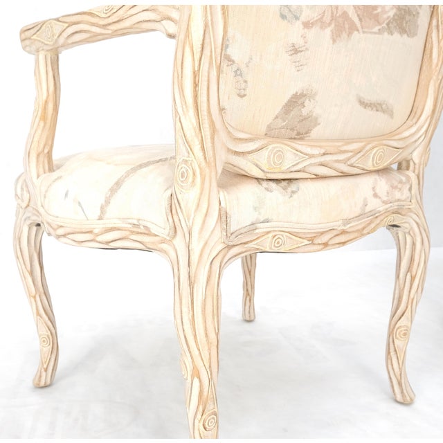 Faux Carved Twig Wood & Eye Theme Arm Lounge Fireside Arm Chairs White Wash. Frames are mint upholstery shows signs of wear.