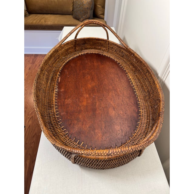 Vintage Monumental Oval Wicker Rattan & Wood Double Handled Tray For Sale In Houston - Image 6 of 9