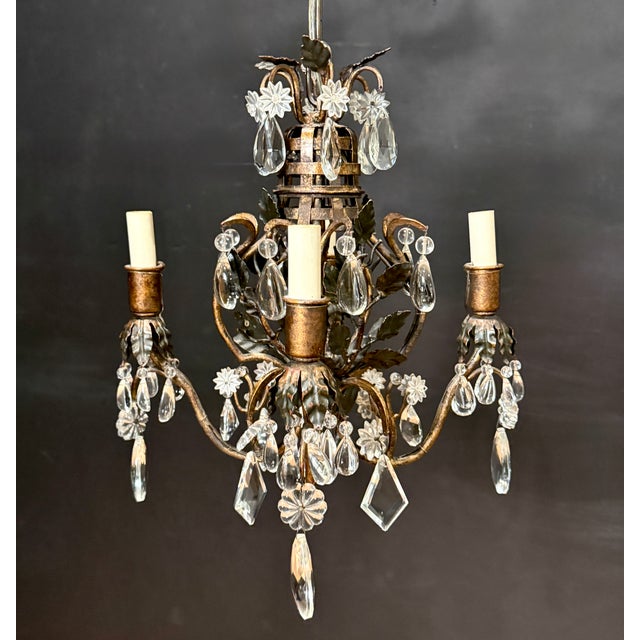 Italian Mid 20th Century Italian Tole and Crystal Foliate Chandelier, Basket-Form For Sale - Image 3 of 9