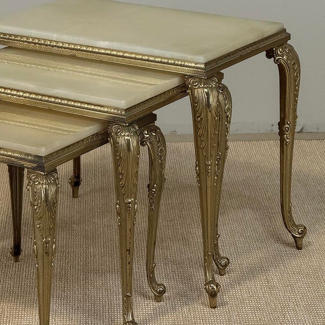 Set of Three Mid-Century French Louis XV Style Brass and Onyx Nesting Tables For Sale - Image 11 of 18