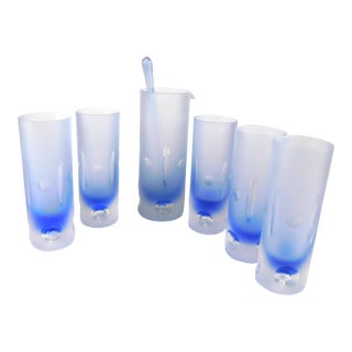 1970s Blue Cut to Clear Bar Ware Set With Serving Pitcher and Five Glasses - Set of 7 For Sale