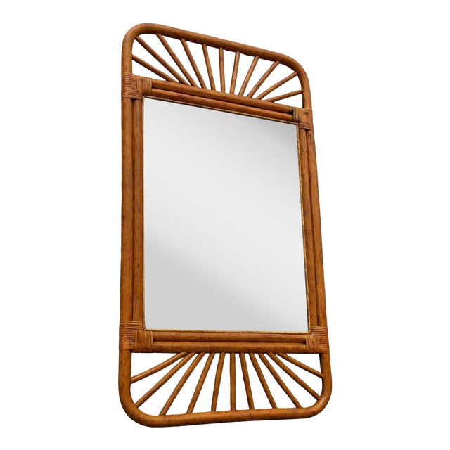 1950s Restored Single-Strand Fanning Rounded Rattan Wall Mirror W/ Stick Reed Rattan For Sale