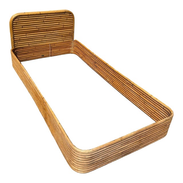 1940s Restored Paul Frankl Style Stacked Rattan Single Size Bed Frame by Kane Kraft For Sale