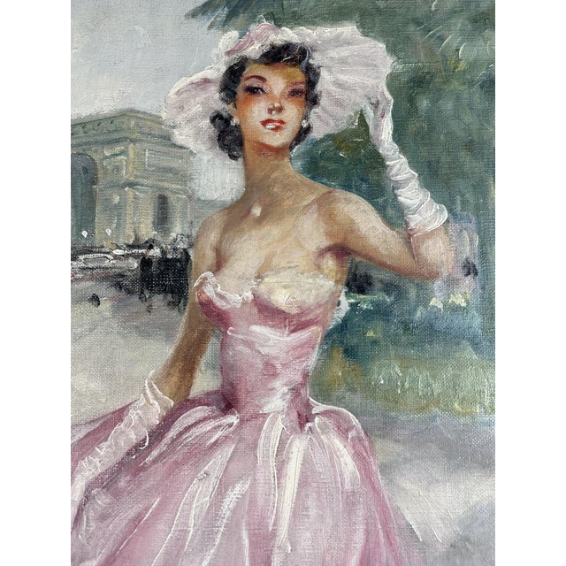 Eugène Lelièpvre, Woman in a Pink Dress in Front of the Arc De Triomphe, Paris, 1950s, Oil on Canvas, Framed For Sale - Image 4 of 13