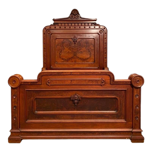 Late Victorian 19th C. George Henkels Attributed Walnut + Burl Bed Frame