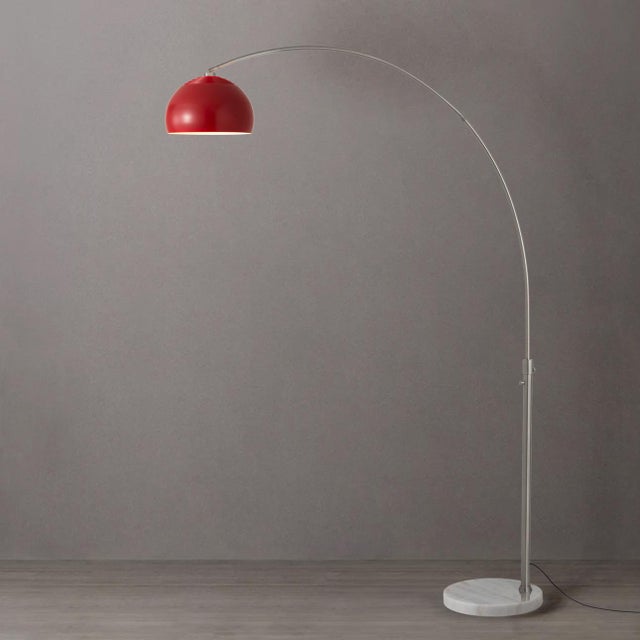 Mid-Century Modern 1960s Morelli Adjustable Floor Lamp - Mid Century Modern, Satin Nickel Finish, Crimson Red Half Dome Shade, White Marble Base For Sale - Image 3 of 7